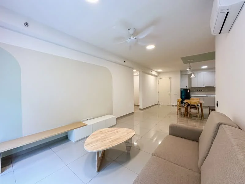 Living features: light grey painted walls, white ceiling, 5-blade ceiling fan with light, large beige fabric sofa, wooden coffee table, white low-profile TV console, open layout, glossy tile flooring, dining area visible in background, wall-mounted air conditioning unit; style: modern.