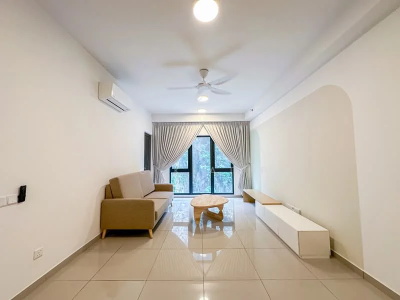 Living features: 3-seater fabric sofa in beige, coffee table, TV console, wall-mounted TV, floor-to-ceiling windows, sheer curtains, 5-blade ceiling fan with light, wall-mounted split AC, glossy tile flooring, white painted walls, built-in shelving unit, decorative wall arch; style: modern; view: garden.