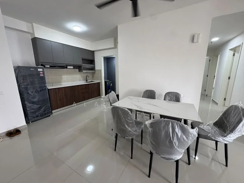 Dining features: white dining table, 6 dining chairs with plastic covers, white tiled flooring, ceiling fan, wall-mounted light, open layout to kitchen, neutral wall color, large windows, kitchen cabinetry in dark wood, stainless-steel sink, built-in kitchen appliances; style: modern. Kitchen features: dark wood cabinetry, stainless-steel appliances, white backsplash, single-bowl stainless-steel sink, countertop space, built-in oven, cooktop, hood, open layout to dining area; style: modern. Room features: white painted walls, doorway to hallway, neutral color scheme.