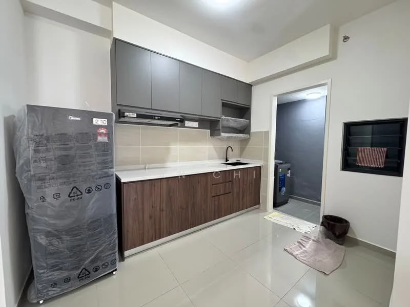 Kitchen features: grey upper cabinets, wood lower cabinets, white quartz countertop, single-bowl stainless-steel sink, chrome pull-down faucet, built-in stove, tile backsplash, ceramic tile flooring, recessed downlights, floor-to-ceiling cabinet, window with black grille, appliances covered in plastic wrap; style: modern.