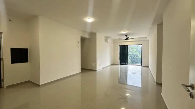Living features: white painted walls, polished ceramic tile flooring, 5-blade ceiling fan with light, floor-to-ceiling sliding glass door, balcony access, recessed downlights, air conditioning unit, neutral color scheme; style: modern; view: garden.