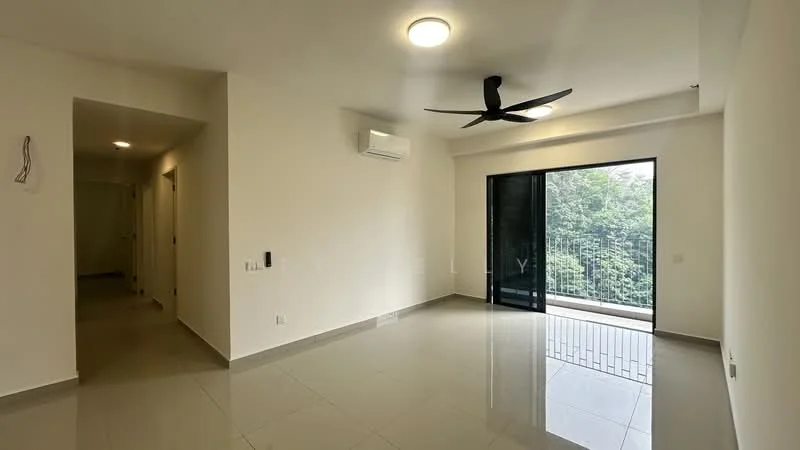 Living features: white painted walls, glossy ceramic tile flooring, 5-blade ceiling fan with light, wall-mounted split AC, floor-to-ceiling sliding glass door, black railing on balcony, natural light from balcony, neutral color scheme; style: modern; view: garden. Room features: white painted walls, glossy ceramic tile flooring, doorway leading to hallway.