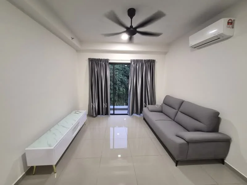Living features: grey fabric sectional sofa, white TV console with marble top, floor-to-ceiling windows, sliding glass door, grey curtains, white painted walls, polished ceramic tile flooring, 5-blade ceiling fan with light, wall-mounted split AC; style: modern; view: garden.