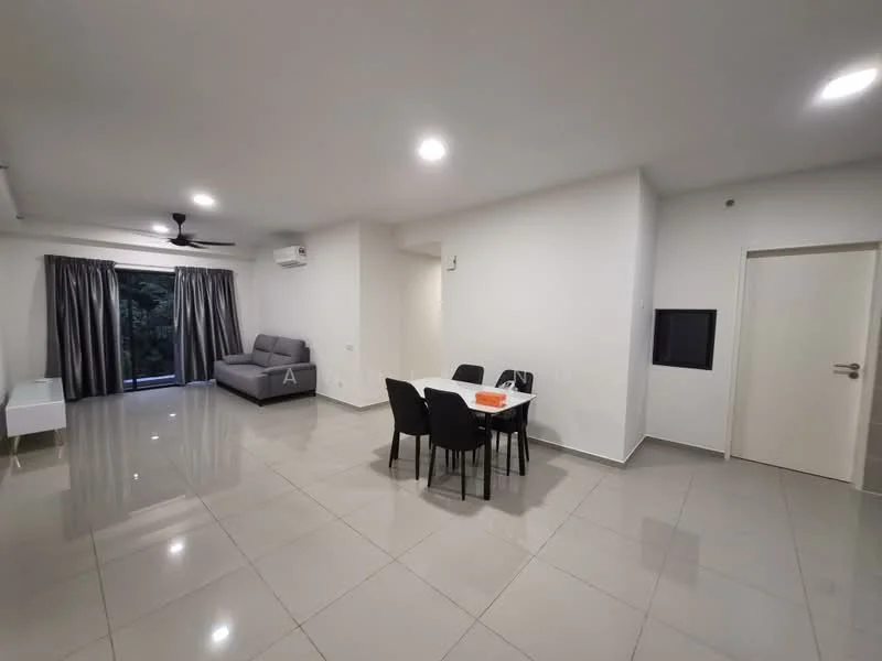 Living features: grey fabric sofa, 4-seater dining table, black dining chairs, white sideboard, floor-to-ceiling windows, sliding glass door, white painted walls, polished ceramic tile flooring, ceiling fan, recessed downlights, curtains, air conditioning unit; style: modern; view: garden.