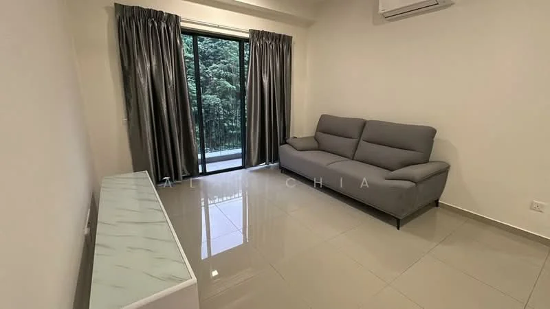 Living features: grey fabric sofa, white TV console, floor-to-ceiling windows, sliding glass door, curtains, glossy tile flooring, wall-mounted air conditioning unit, neutral painted walls; style: modern; view: garden.