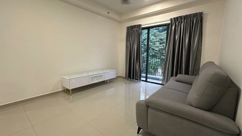 Living features: grey fabric sofa, white TV console, floor-to-ceiling windows, sliding glass door, curtains in grey, glossy tile flooring, neutral painted walls, recessed ceiling lights; style: modern; view: garden.