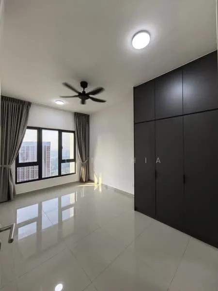 Bedroom features: white painted walls, glossy tile flooring, 5-blade ceiling fan with light, floor-to-ceiling windows, black built-in wardrobe, curtains, natural light from windows, city view; style: modern; view: city.