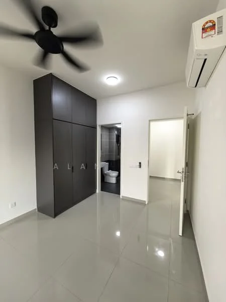 Bedroom features: grey tiled flooring, white painted walls, ceiling fan, built-in wardrobe with dark finish, wall-mounted split AC, door leading to bathroom, door leading to hallway, recessed ceiling light; style: modern.