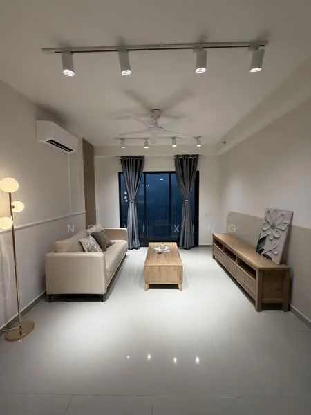 Living features: 3-seater fabric sofa in beige, wooden coffee table, TV console with storage, floor-to-ceiling windows, sheer curtains, 5-blade ceiling fan with light, wall-mounted split AC, recessed LED downlights, cream painted walls, light-colored tile flooring; style: modern; view: city.