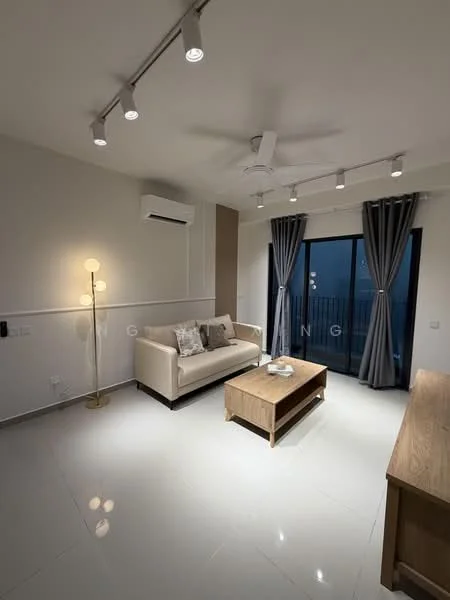 Living features: 3-seater fabric sofa in beige, wooden coffee table, floor lamp with round shade, recessed LED downlights, 5-blade ceiling fan with light, wall-mounted split AC, floor-to-ceiling windows, grey curtains, white painted walls, glossy porcelain tile flooring; style: modern; view: city.