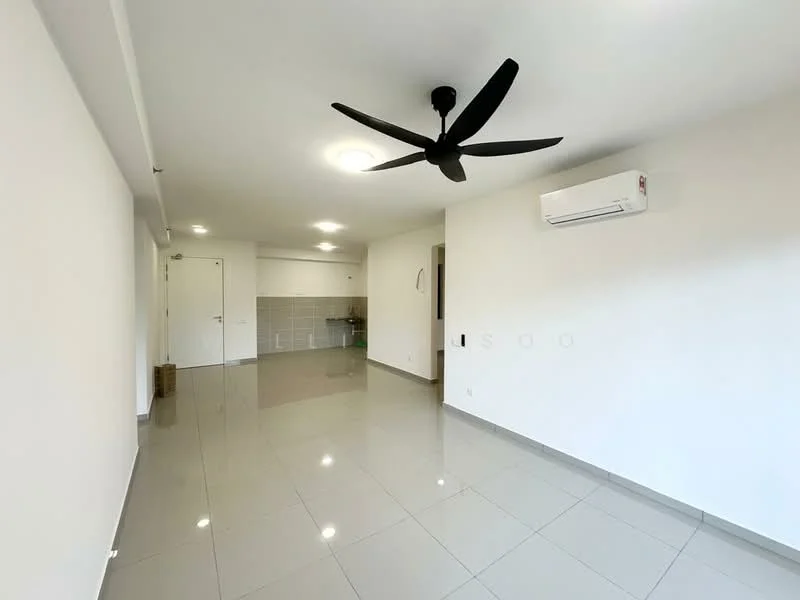 Living features: white painted walls, glossy ceramic tile flooring, 5-blade ceiling fan in black, wall-mounted split AC, recessed ceiling lights, open layout to kitchen, large windows for natural light, neutral color scheme; style: modern. Kitchen features: kitchen cabinetry, countertop, sink, stainless-steel appliances, tile backsplash; style: modern.