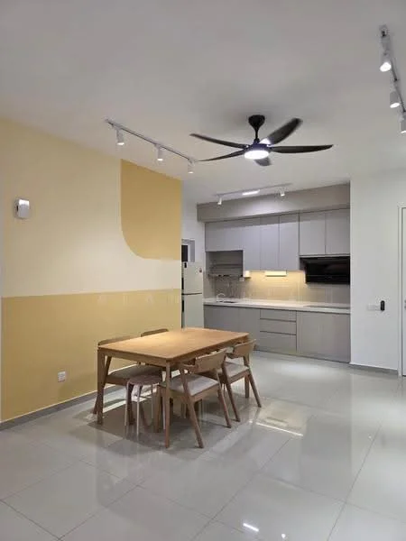 Dining features: dining table with wooden legs, 4 wooden dining chairs, grey cabinetry, white countertop, built-in oven, stainless-steel sink, chrome pull-down faucet, recessed LED downlights, 5-blade ceiling fan, cream painted walls, white tiled flooring; style: modern.