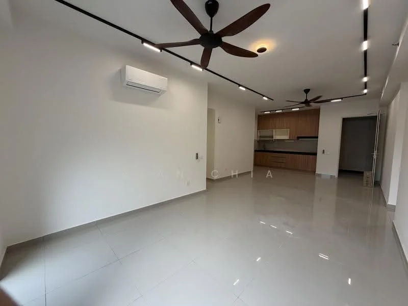 Living features: white painted walls, glossy ceramic tile flooring, 5-blade ceiling fan with light, wall-mounted split AC, recessed LED downlights, open-plan layout to kitchen, neutral color palette, large windows for natural light; style: modern. Kitchen features: wood cabinetry, countertop with backsplash, open layout to living area; style: modern.