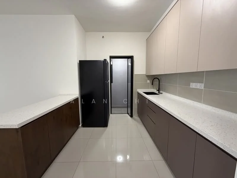 Kitchen features: black refrigerator, stainless-steel sliding door, black gooseneck faucet, white quartz countertop, brown cabinetry, light beige upper cabinets, ceramic tile flooring, recessed ceiling lights; style: modern.