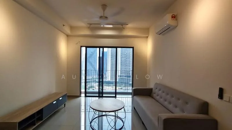 Living features: light grey fabric sofa, round coffee table, wall-mounted TV console, floor-to-ceiling windows, sliding glass door, white painted walls, recessed downlights, 1 wall-mounted split AC, ceramic tile flooring, ceiling fan; style: modern; view: city.