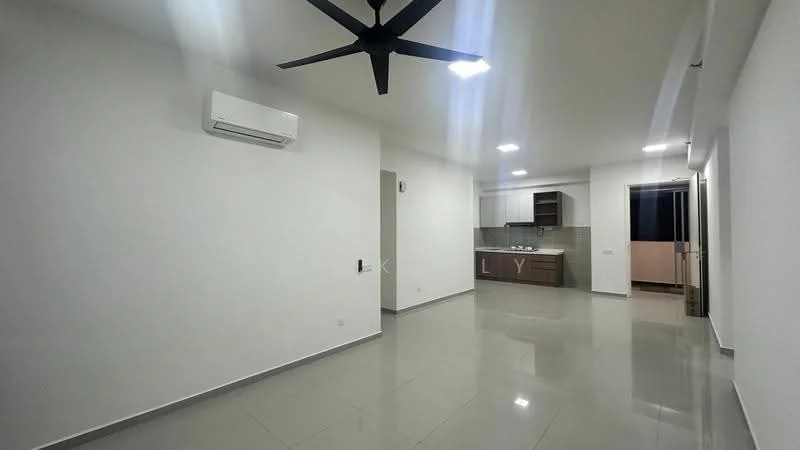 Living features: white painted walls, polished ceramic tile flooring, 5-blade ceiling fan with light, wall-mounted split AC, recessed LED downlights, open layout to kitchen, large window with city view, neutral color scheme; style: modern; view: city. Kitchen features: brown cabinetry, stainless-steel sink, countertop with backsplash, built-in oven, freestanding range oven, microwave, kitchen island, open layout to living area; style: modern.