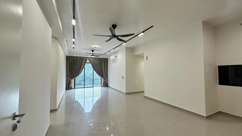 Living features: white painted walls, glossy ceramic tile flooring, recessed LED downlights, 2 ceiling fans, floor-to-ceiling sliding glass door, curtains, wall-mounted TV space, open layout; style: modern; view: garden.