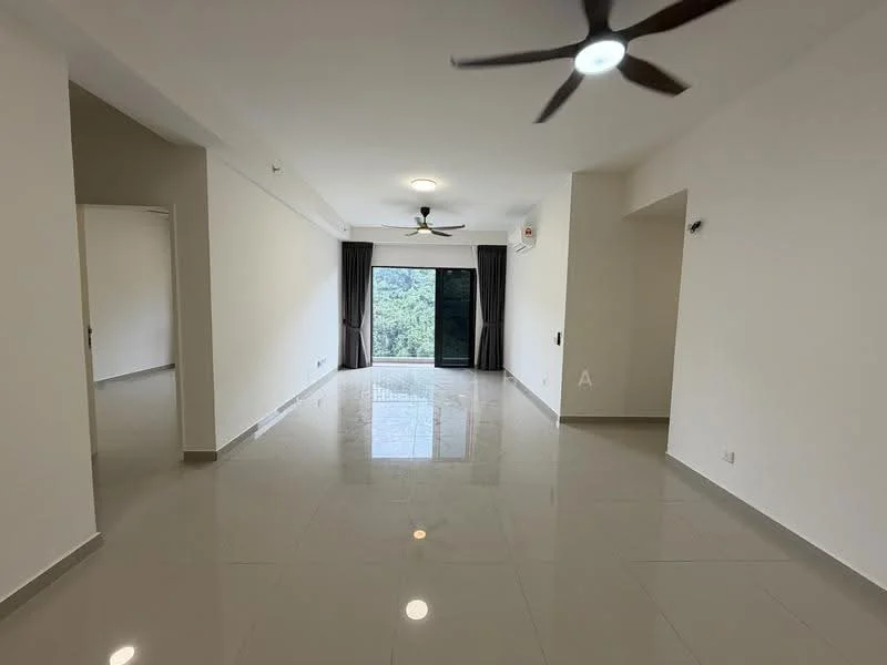 Living features: white painted walls, glossy ceramic tile flooring, 2 ceiling fans, floor-to-ceiling windows, sliding glass door, curtains, neutral color scheme, natural light from windows; style: modern; view: garden.
