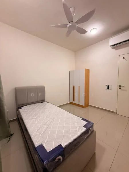 Bedroom features: queen-size bed frame without mattress, 5-blade ceiling fan with light, wall-mounted split AC, white painted walls, cream tiled flooring, built-in wardrobe with white and wood finish, window with sheer curtains, light ceiling lights; style: modern.