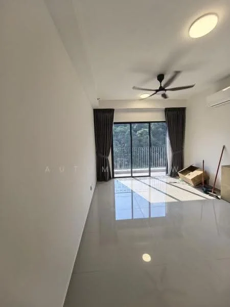 Room features: white painted walls, polished tile flooring, 5-blade ceiling fan, floor-to-ceiling windows, sliding glass door, sheer curtains, air conditioning unit, natural light from window; style: modern; view: garden.