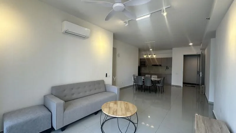 Living features: grey fabric sofa, round wooden coffee table, wall-mounted split AC, recessed LED downlights, glossy tile flooring, white painted walls, ceiling fan, open layout to dining area; style: modern. Dining features: 4-seater dining table, grey dining chairs, kitchen area visible in background; style: modern.