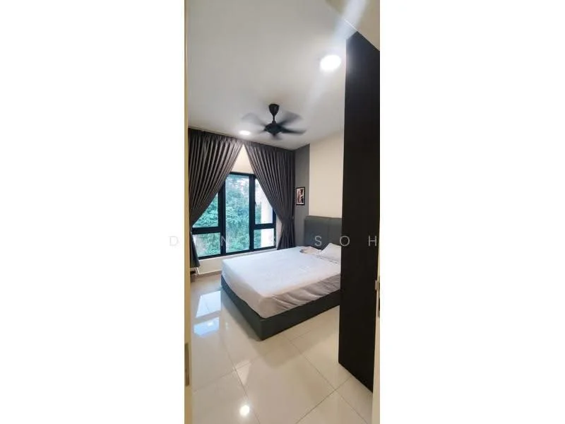 Bedroom features: queen-size bed, upholstered headboard, 2 bedside lamps, floor-to-ceiling windows, grey curtains, white painted walls, polished tile flooring, 5-blade ceiling fan with light, built-in wardrobe; style: modern; view: garden.