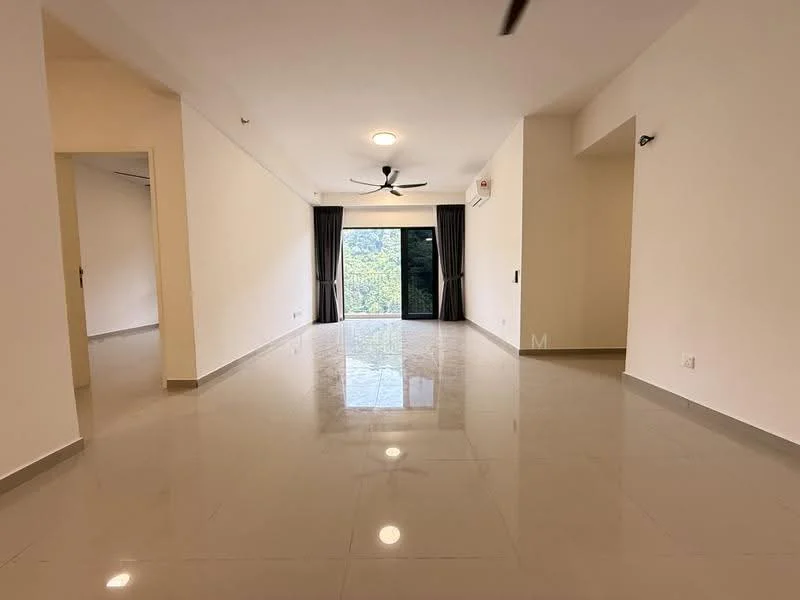 Living features: white painted walls, polished ceramic tile flooring, 5-blade ceiling fan with light, floor-to-ceiling windows, sliding glass door, blackout curtains, recessed downlights, air conditioning unit, open layout, natural light from windows, view of greenery; style: modern; view: garden.