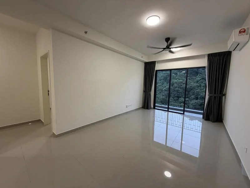 Living features: grey tiled flooring, white painted walls, 5-blade ceiling fan with light, floor-to-ceiling sliding glass door, curtains, air conditioning unit, recessed ceiling lights, balcony view of greenery; style: modern; view: garden.