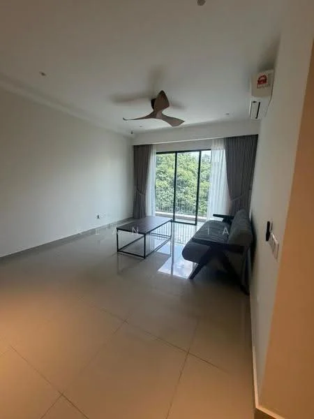 Living features: 5-blade ceiling fan, floor-to-ceiling windows, sliding glass door, grey sofa, coffee table, cream painted walls, tile flooring, curtains, wall-mounted split AC; style: modern; view: garden.