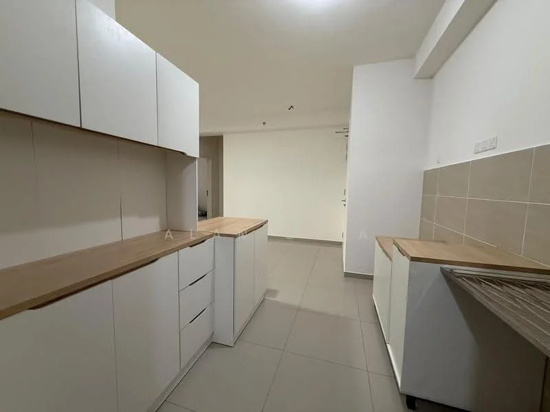 Kitchen features: white cabinetry, wood countertop, ceramic tile flooring, neutral wall tiles, built-in cabinets, open shelving, single-bowl stainless-steel sink, modern faucet, recessed lighting, wall-mounted cabinets; style: modern.