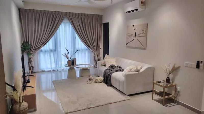 Living features: white fabric 3-seater sofa, glass coffee table, area rug with neutral color, wall-mounted TV, wooden TV console, floor-to-ceiling windows, sheer curtains, grey accent wall, recessed downlights, ceiling fan, decorative wall art, decorative plants in ceramic pots; style: modern.