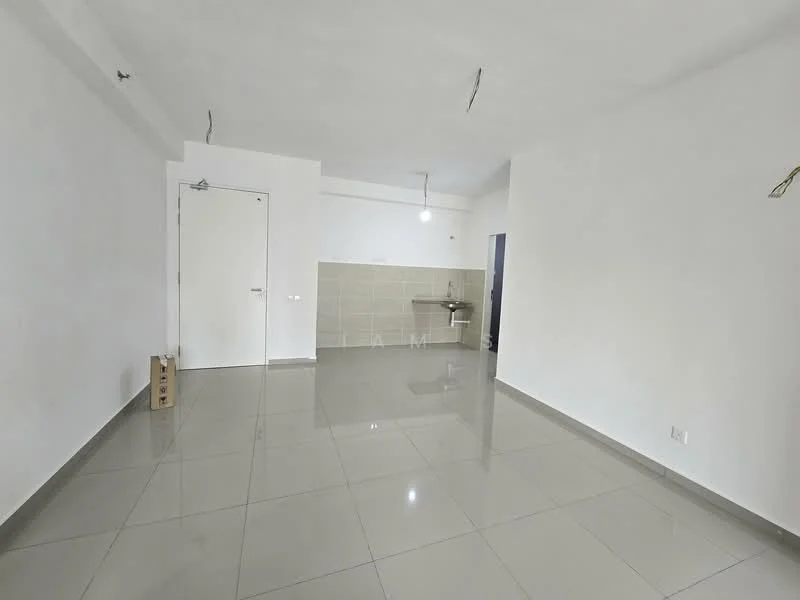 Room features: white painted walls, glossy grey tile flooring, single ceiling light fixture, kitchenette area with backsplash, door leading to another room, open layout, no visible furniture, neutral color scheme; style: modern.