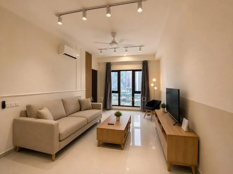 Living features: 3-seater fabric sofa in beige, wooden coffee table, TV console in light wood, wall-mounted TV, floor-to-ceiling windows, grey curtains, 5-blade ceiling fan with light, wall-mounted split AC, decorative plant on coffee table, laminate flooring, recessed LED downlights, area rug; style: modern; view: city.