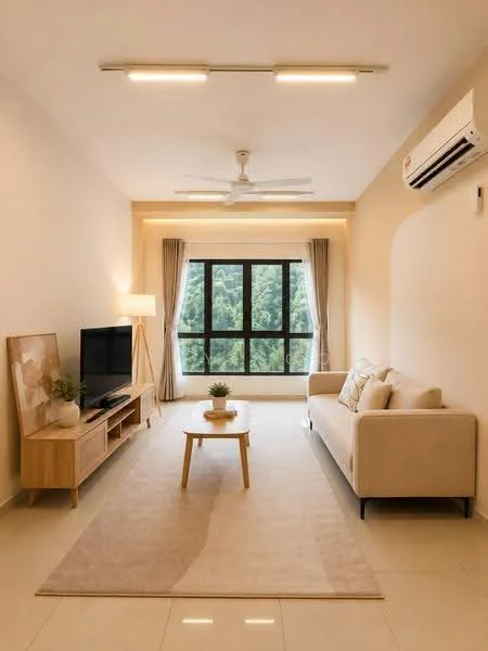 Living features: beige fabric sofa, wooden coffee table, TV console with storage, wall-mounted TV, area rug, 5-blade ceiling fan with light, recessed LED downlights, floor-to-ceiling windows, sheer curtains, air conditioning unit, decorative plant, light-colored walls, glossy tile flooring; style: modern; view: garden.