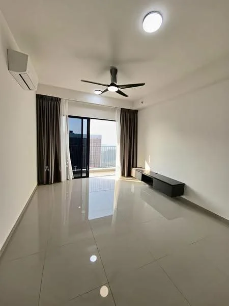 Living features: glossy tile flooring, white painted walls, recessed downlights, 5-blade ceiling fan with light, floor-to-ceiling sliding glass door, curtains, built-in TV console, air conditioning unit; style: modern; view: city.