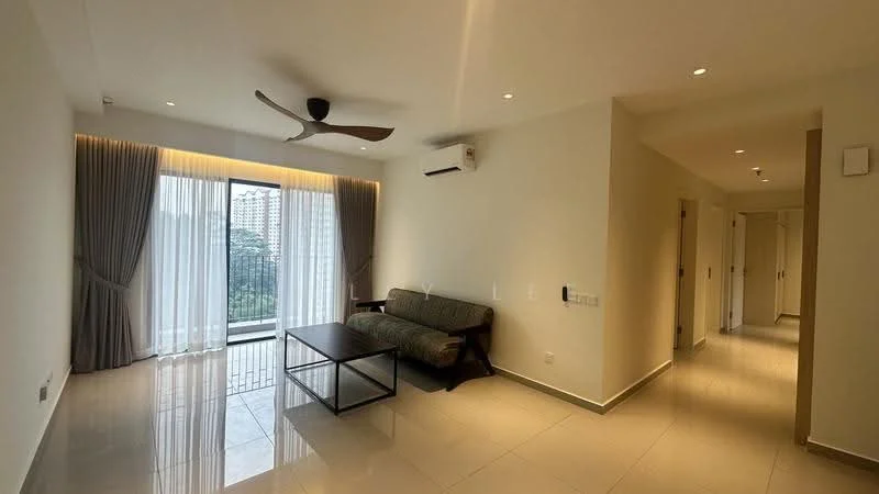 Living features: floor-to-ceiling windows, sliding glass door, grey fabric sofa, wood coffee table, 5-blade ceiling fan with light, recessed downlights, cream painted walls, glossy tile flooring, curtains, air conditioning unit, balcony view; style: modern; view: city. Hallway features: cream painted walls, glossy tile flooring, recessed downlights, doorways leading to other rooms; style: modern.