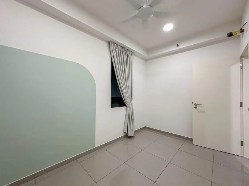 Room features: white painted walls, green accent wall, grey curtains, floor-to-ceiling window, light grey tiled flooring, ceiling fan; style: modern.