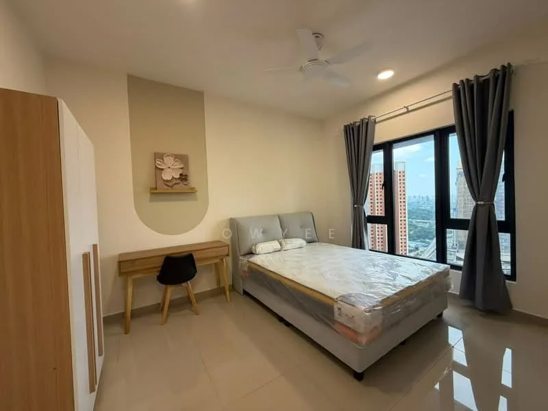 Bedroom features: queen-size bed, upholstered headboard, wooden bedside table, desk with chair, floor-to-ceiling windows, grey curtains, light-colored walls, ceiling fan, tile flooring, decorative wall art; style: modern; view: city.