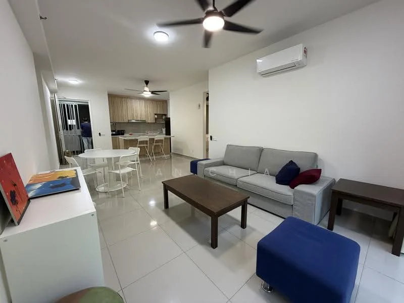 Living features: 3-seater fabric sofa in grey, coffee table in dark wood, 2-seater dining table with white chairs, blue ottoman, wall-mounted air conditioning unit, recessed LED downlights, ceiling fan, white painted walls, glossy tile flooring, decorative artwork on wall; style: modern. Kitchen features: open kitchen layout, wood cabinetry, stainless-steel appliances, kitchen island, white countertops; style: modern.