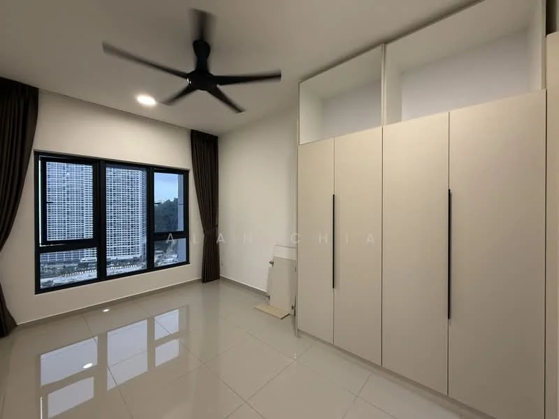 Bedroom features: floor-to-ceiling windows, blackout curtains, 5-blade ceiling fan, light-colored built-in wardrobe, white walls, glossy tile flooring, city view, neutral color scheme; style: modern; view: city.