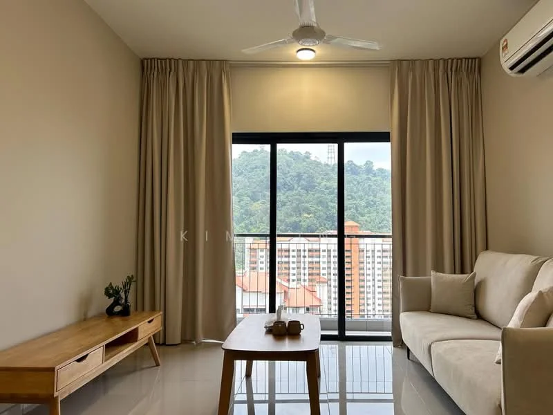 Living features: light-colored fabric sofa, wooden coffee table, floor-to-ceiling windows, sheer curtains, recessed downlights, ceiling fan, white painted walls, glossy tile flooring, mountain view, TV console; style: modern; view: mountain.