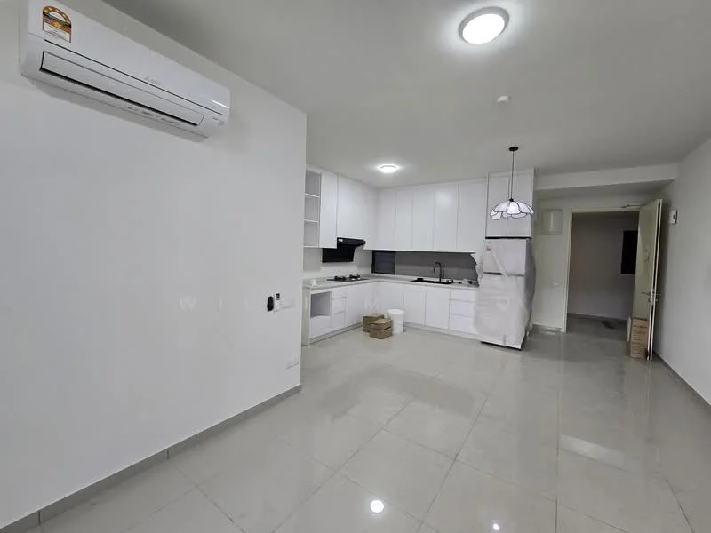 Kitchen features: white painted walls, polished ceramic tile flooring, recessed downlights, 5-blade ceiling fan, kitchen cabinetry with flat-panel design, black countertop, stainless-steel fridge, built-in oven, stainless-steel sink, chrome pull-down faucet, pendant light over kitchen island, open layout to living area; style: modern.