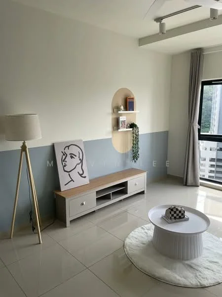 Living features: white painted walls, grey accent wall, glossy tile flooring, floor-to-ceiling window, curtains, light-colored wooden TV console, decorative wall shelf, decorative plant, framed artwork, round coffee table, area rug; style: modern; view: city.