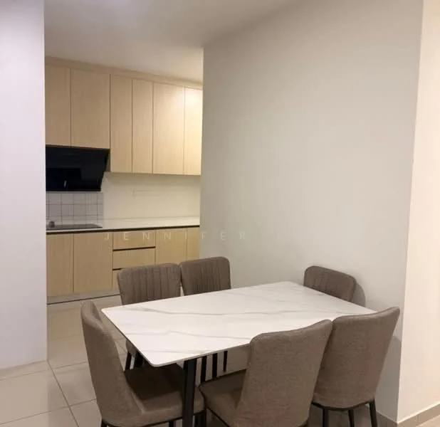 Dining features: 6-seater dining table with marble top, upholstered dining chairs in beige, white painted walls, tile flooring, kitchen cabinetry in light wood, countertop in white, built-in kitchen appliances, open layout to kitchen; style: modern.