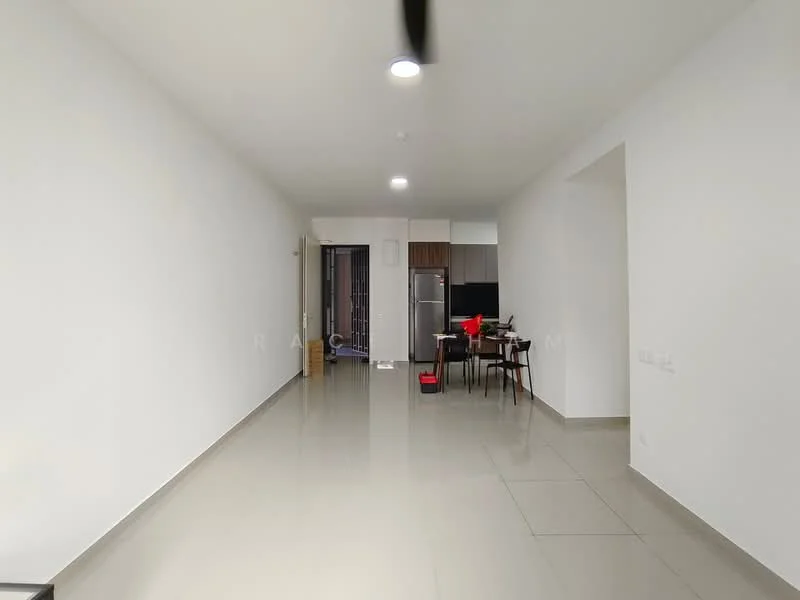 Living features: white painted walls, glossy ceramic tile flooring, recessed downlights, ceiling fan, open layout, dining table with chairs, kitchen area visible, stainless-steel fridge; style: modern.