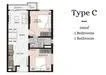 Floor plan: 2-bedroom 1-bathroom unit; features: open-plan kitchen-dining-living, master bedroom with ensuite bathroom, bedroom 2 with shared bathroom, balcony off living room, utility room, laundry area, central foyer.