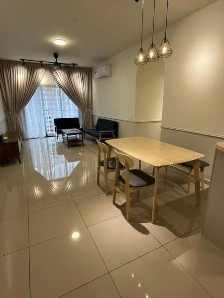 Living features: cream painted walls, glossy tile flooring, 5-blade ceiling fan with light, sofa in dark blue fabric, wooden coffee table, dining table with 4 chairs, floor-to-ceiling windows with sheer curtains, wall-mounted air conditioning unit; style: modern.