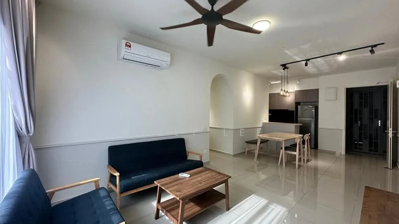 Living features: 3-seater fabric sofa in navy blue, wooden coffee table, ceiling fan with integrated light, wall-mounted split AC, white painted walls, glossy tile flooring, curtains in light grey, track lighting, open layout to dining area; style: modern. Dining features: 4-seater dining table, wooden dining chairs, kitchen area visible in background, refrigerator visible, white cabinetry, countertop with bar seating, pendant lighting over dining table; style: modern.