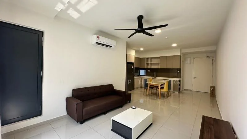 Living features: 3-seater brown fabric sofa, white coffee table, ceiling fan with light, wall-mounted split AC, glossy white tile flooring, light beige painted walls, floor-to-ceiling window, dining table with four chairs, kitchen cabinetry visible in background, recessed lighting, open layout; style: modern.
