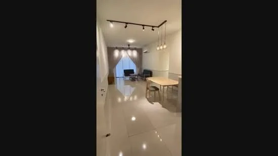 Living features: glossy tile flooring, white painted walls, recessed downlights, track lighting with pendant lights, large window with sheer curtains, black leather armchair, wooden dining table, 4 dining chairs, wall-mounted air conditioning unit, decorative wall art; style: modern.
